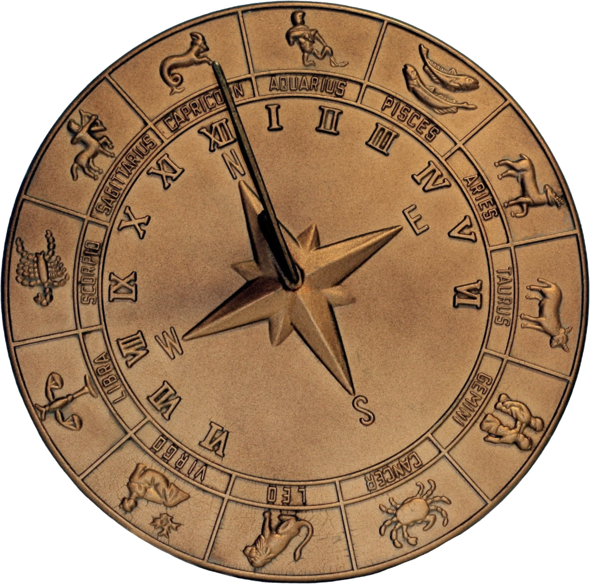A round zodiac-themed clock with a bronze finish, showing the months and astrological signs, with the time reading approximately 12:54.