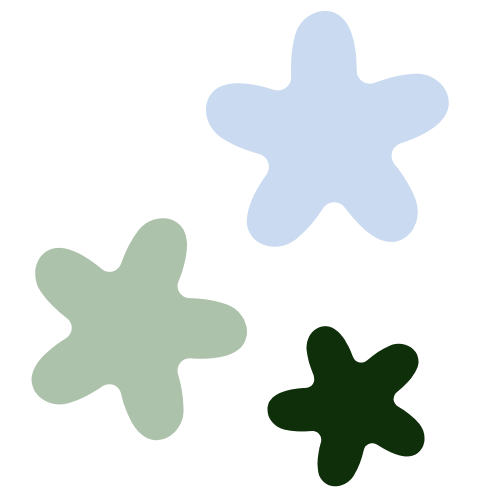 Three star-shaped objects in light blue, green, and dark green colors.