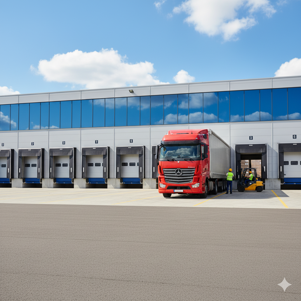 Un magazzino con porte di carico, un camion rosso Mercedes, un carrello elevatore e un operatore che indossa un casco giallo e un giubbotto ad alta visibilità, in un'area di parcheggio esterna con un cielo sereno con nuvole.