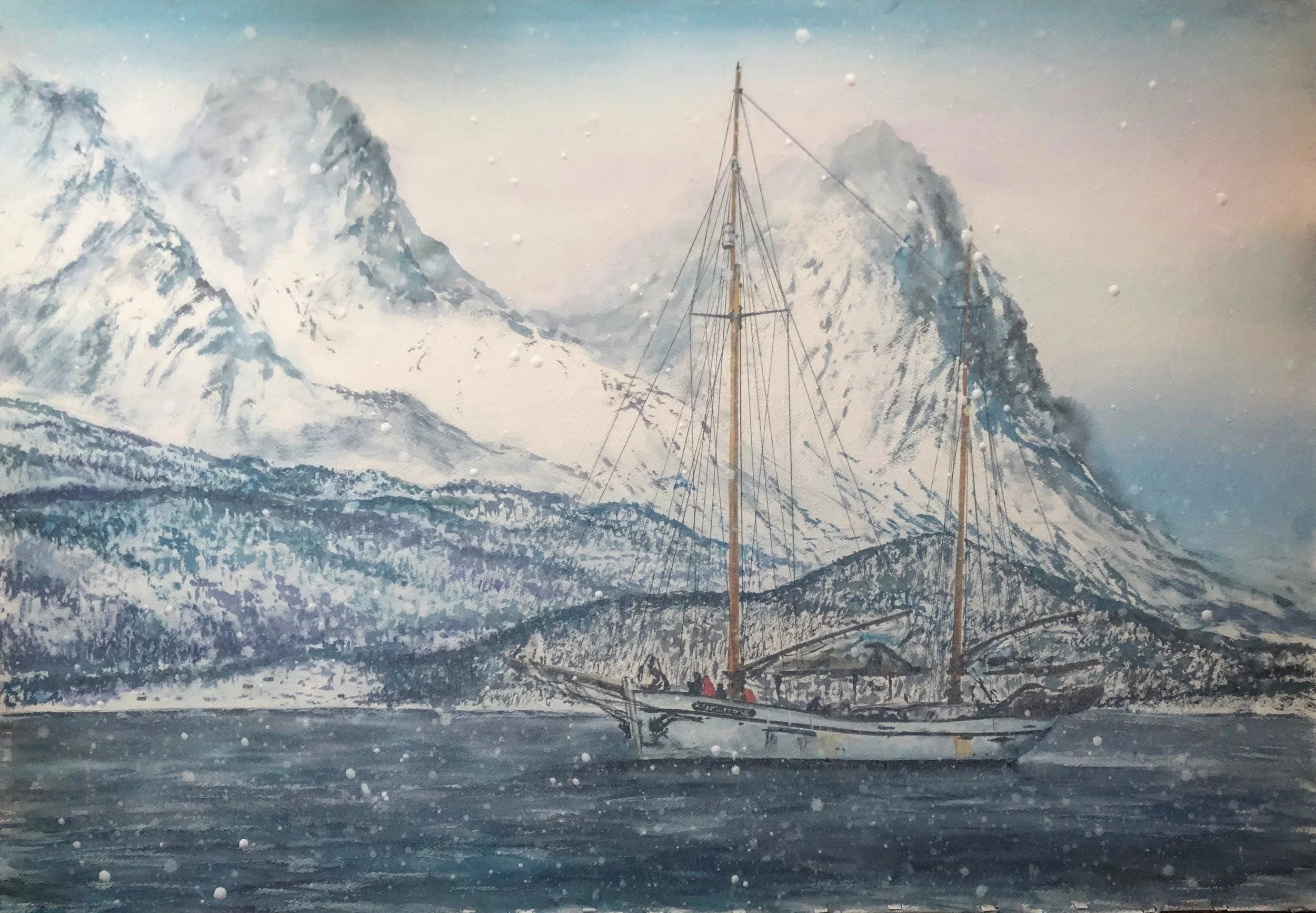 A painting of a sailboat on icy waters with snow-covered mountains in the background, and snow falling.