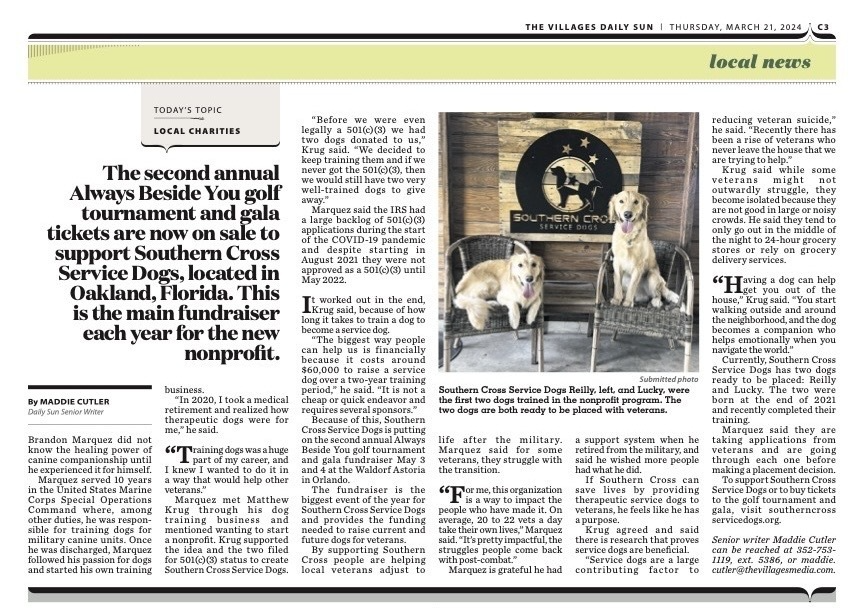 Southern Cross Service Dogs Featured in The Villages Daily Sun