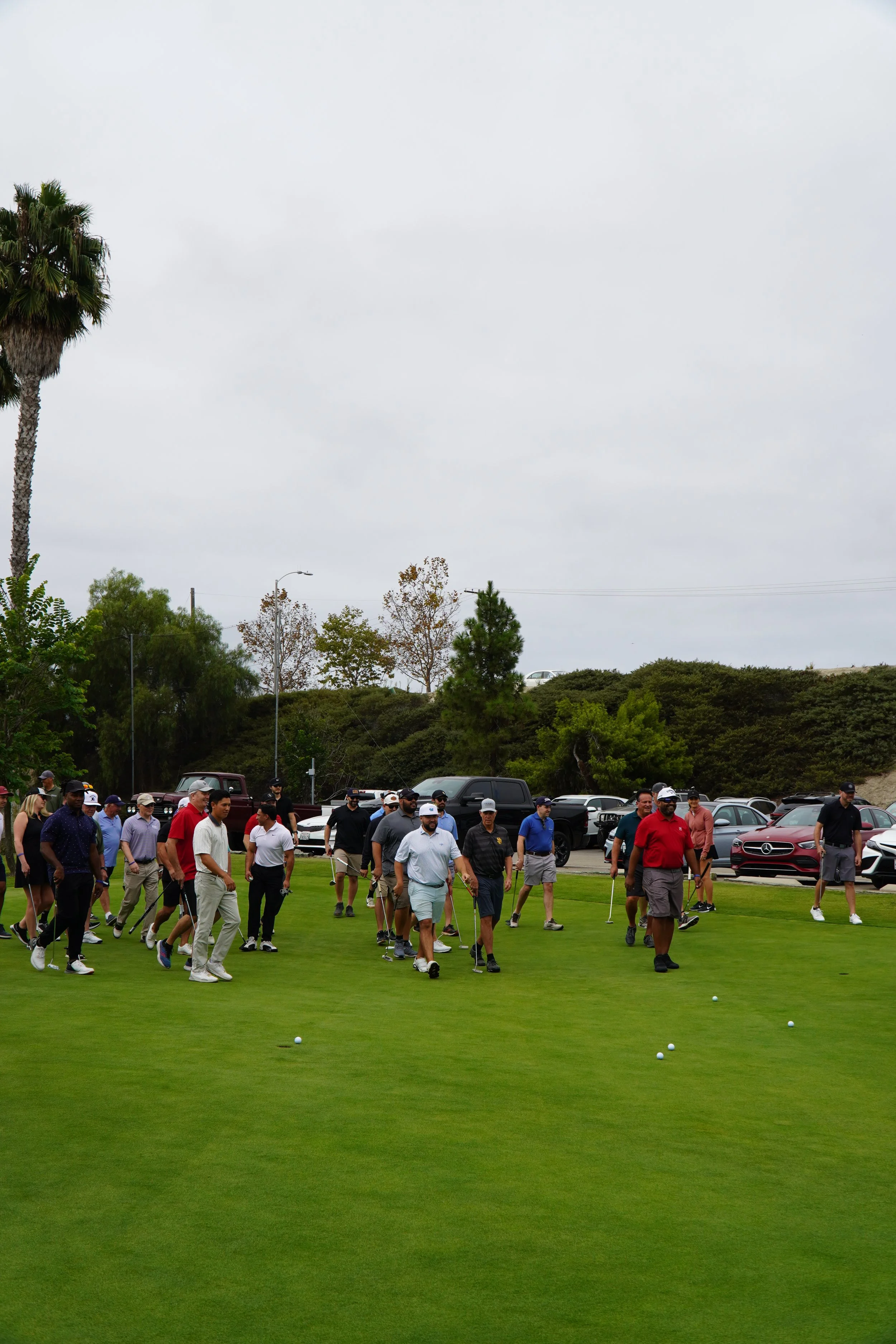 Group of people playing golf on a putting green, with parked cars, trees, and cloudy sky in the background.