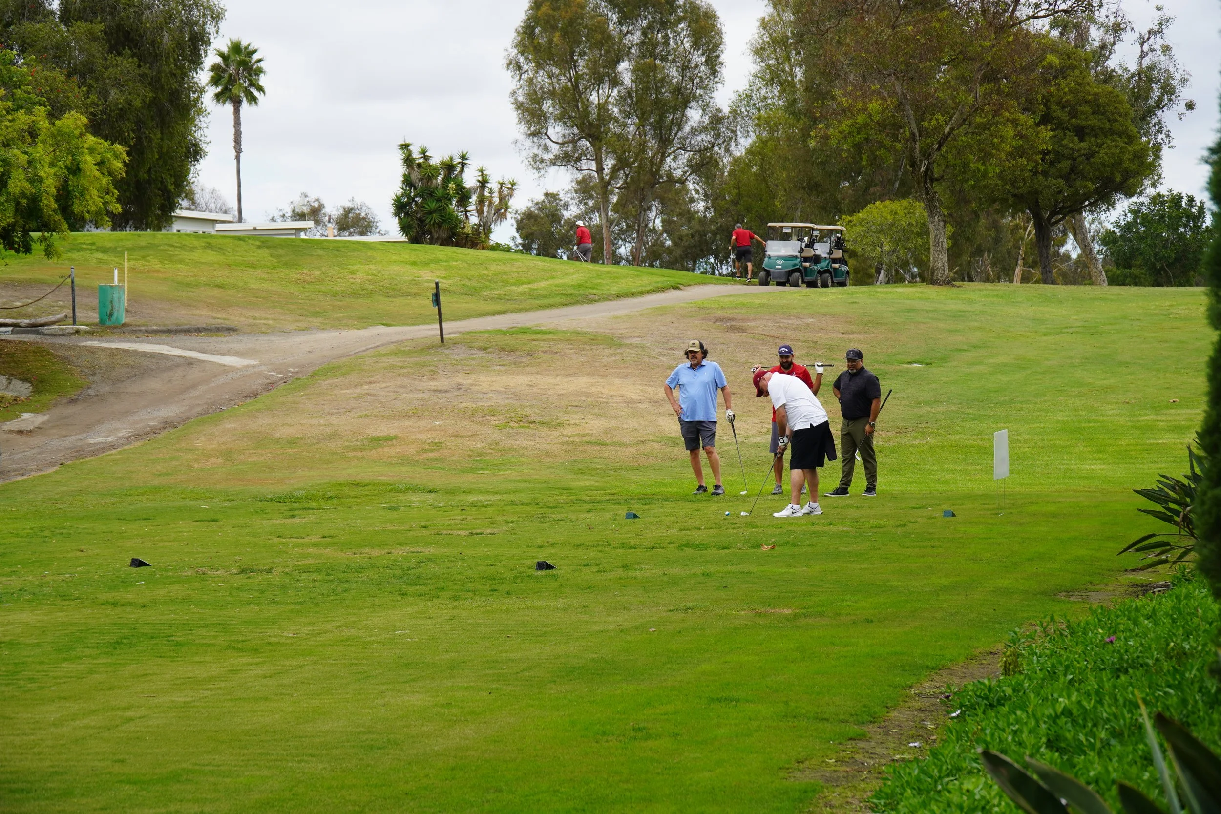 Group of golfers on a golf course practicing their swings and putting. Golf carts are visible in the background, along with trees and a cloudy sky.