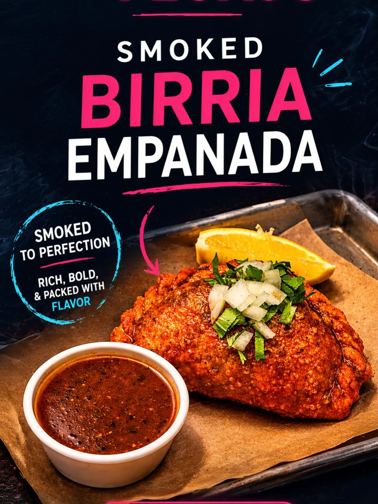 Smoked birria empanada 🔥
Crispy. Juicy. Dipped in consomm&eacute;.
This one hits different.
Available now @tacopegaso @faregroundaustin