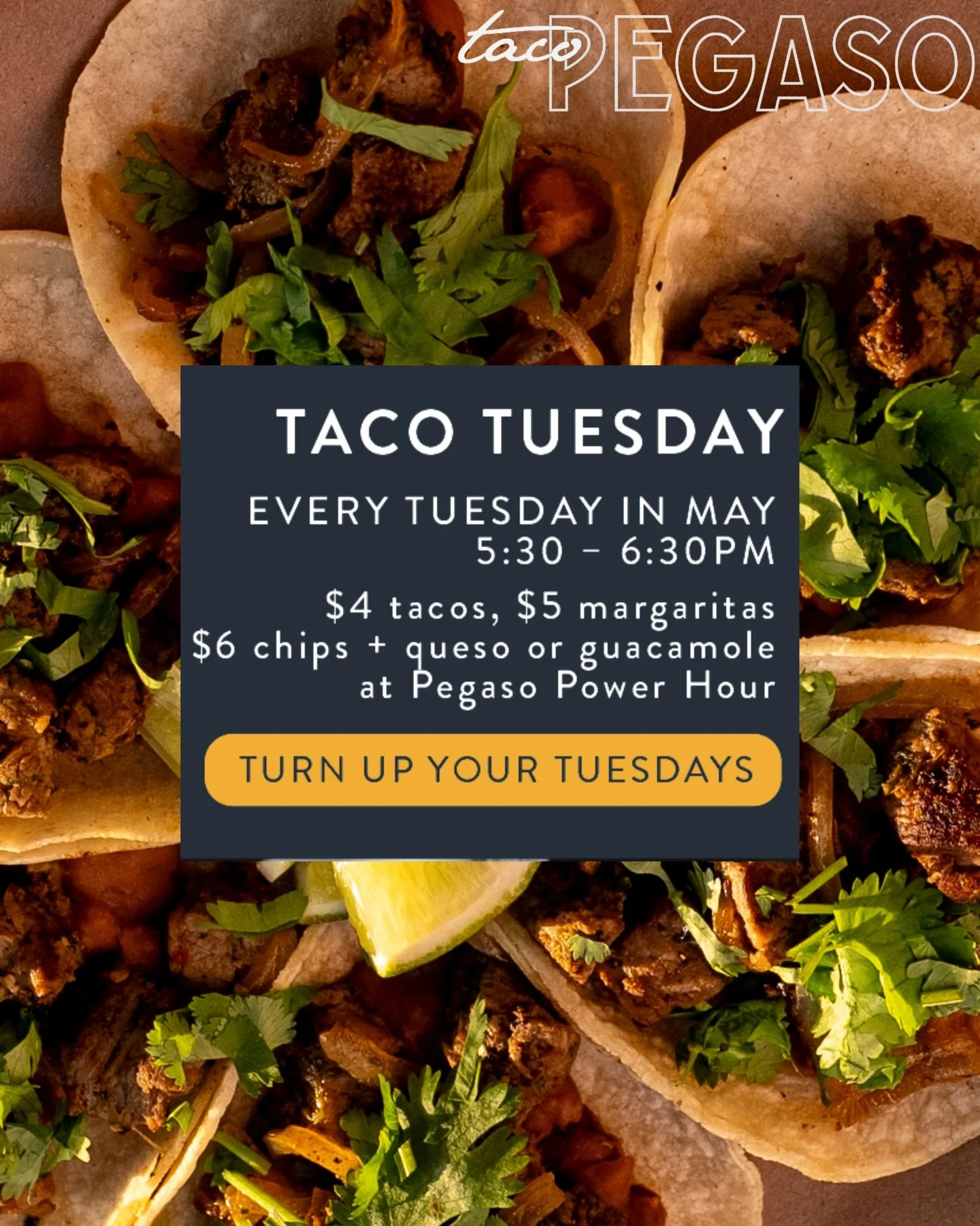 Cinco de Mayo, ALL MAY long. 🌮

Every Tuesday in May | 5:30 - 6:30pm
Power Hour at Taco Pegaso 👀
