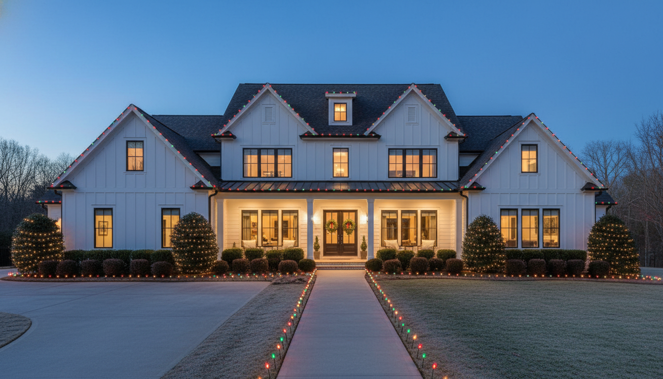 multi color holiday lights on modern farmhouse