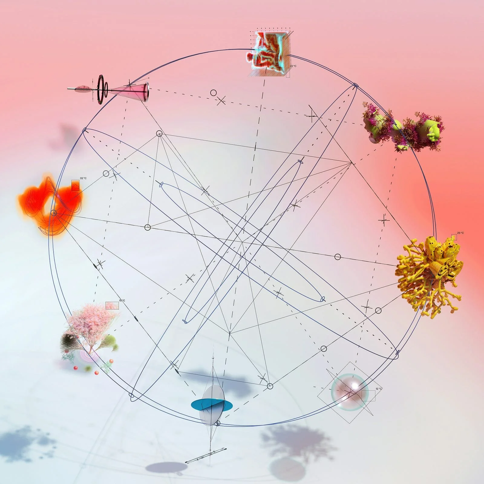 A circular interface filled with abstract digital patterns and interaction nodes floating on a soft gradient background, symbolizing Google's AI Mode and the shift toward guided, multimodal search experiences shaped by user behaviour and UX design.