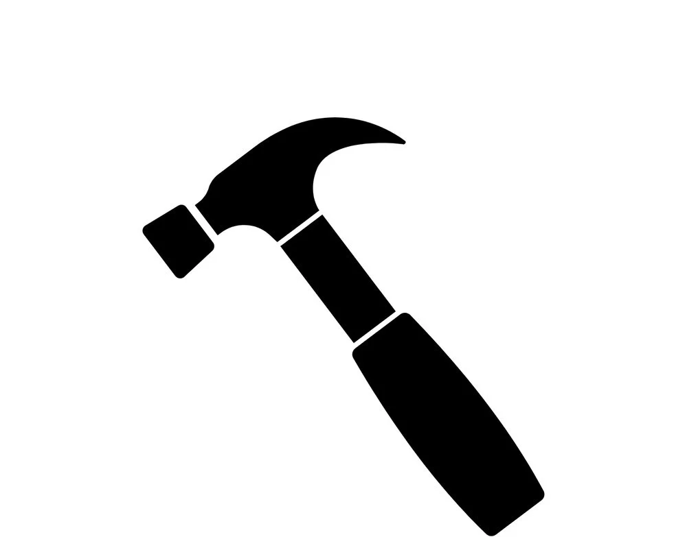 Silhouette of a hammer with a curved claw on a plain background.
