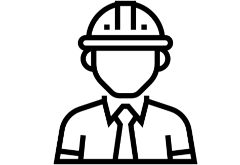 Outline drawing of a construction worker wearing a hard hat and collared shirt.