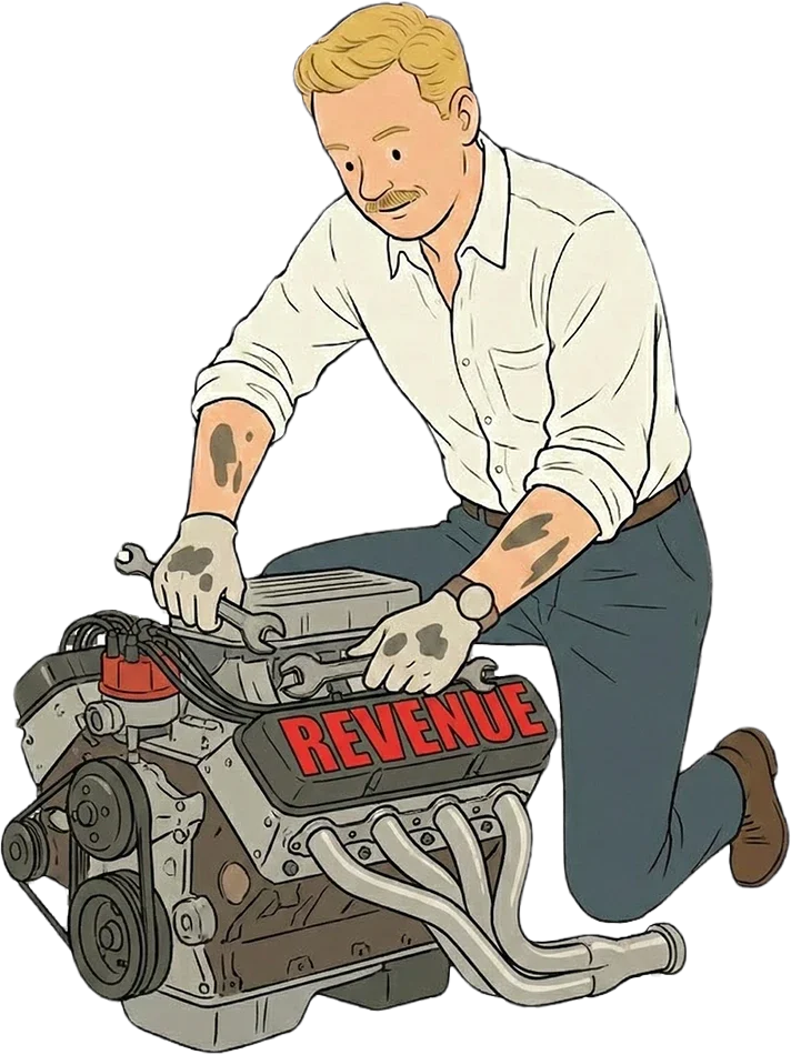 A man with blonde hair and a mustache, wearing a white shirt and gloves, working on an engine labeled 'REVENUE'.