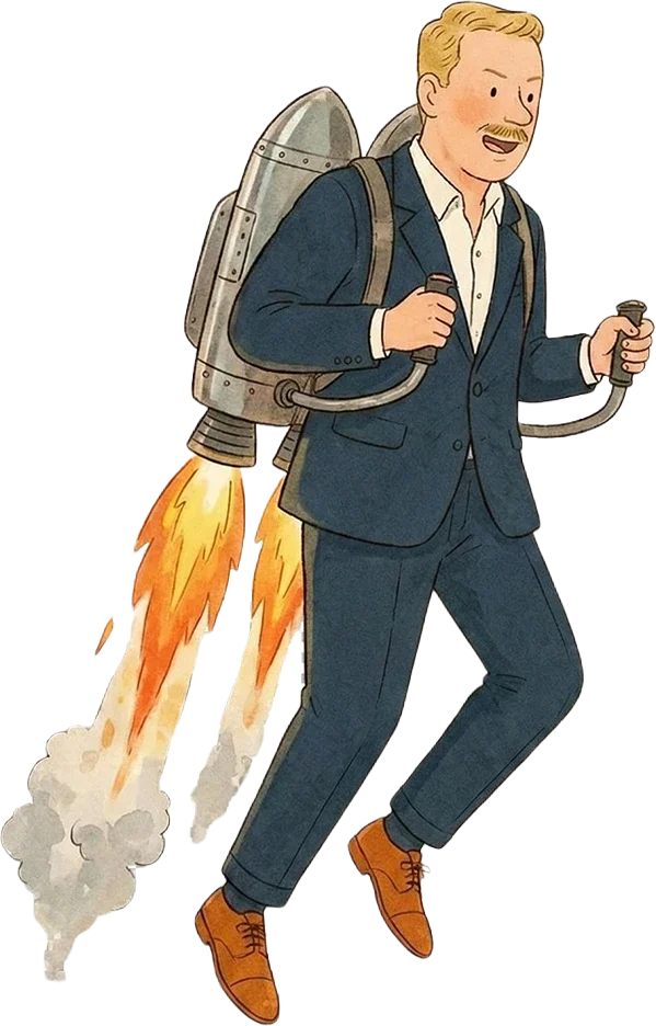 Illustration of a man in a business suit with a rocket pack on his back, flying with flames coming out of it.