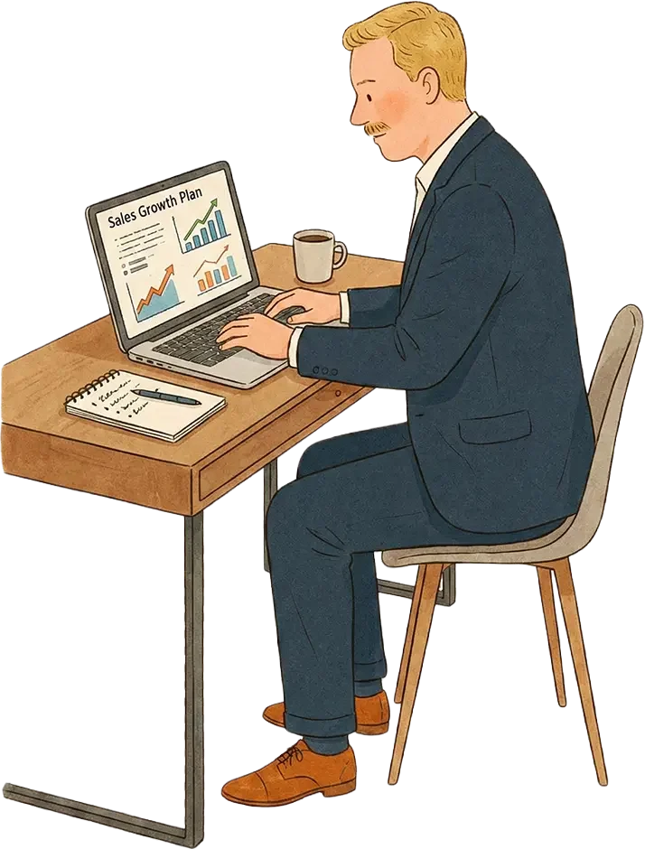A man in a suit sits at a desk working on a laptop displaying a sales growth plan with graphs. There is a coffee mug, a notepad, and a pen on the desk.