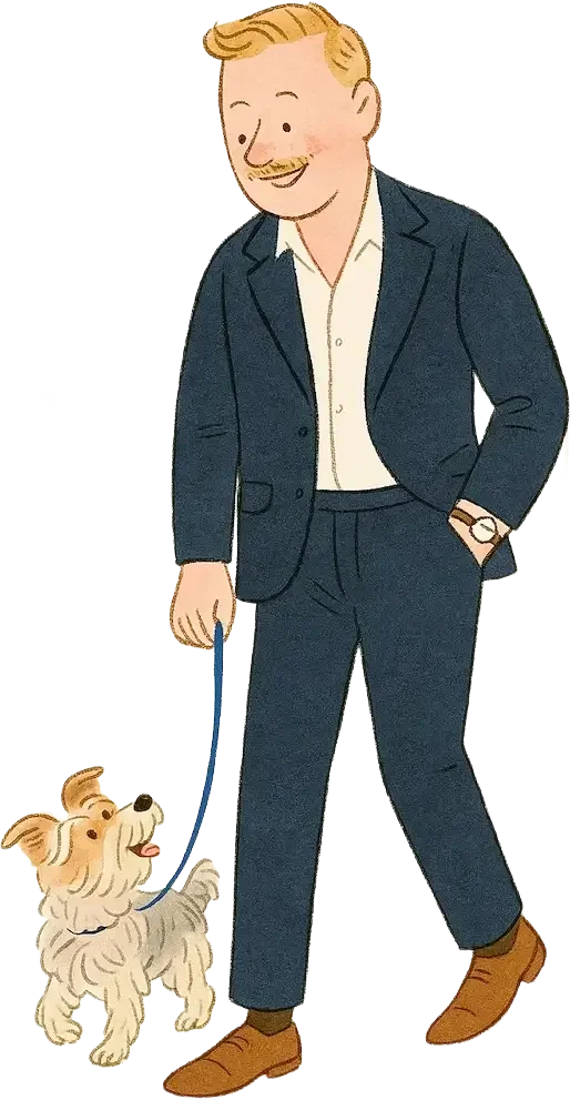 A man in a navy suit walking a small, fluffy dog on a blue leash.