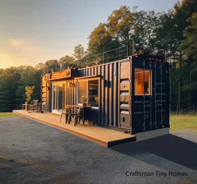 A tiny home built from a repurposed shipping container with a wooden deck, outdoor seating, and large windows, set in a natural landscape during sunset.