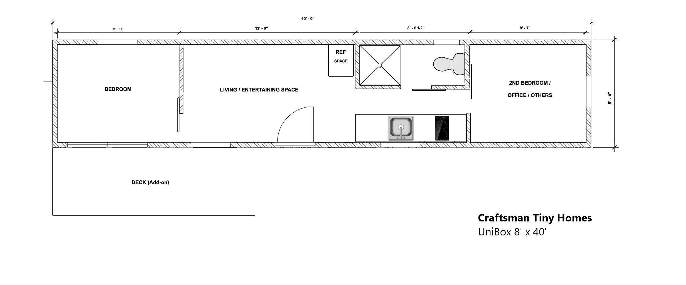 Floor plan of a tiny home with two bedrooms, a living/entertaining space, a kitchen, and a deck, measuring 8 feet by 40 feet.