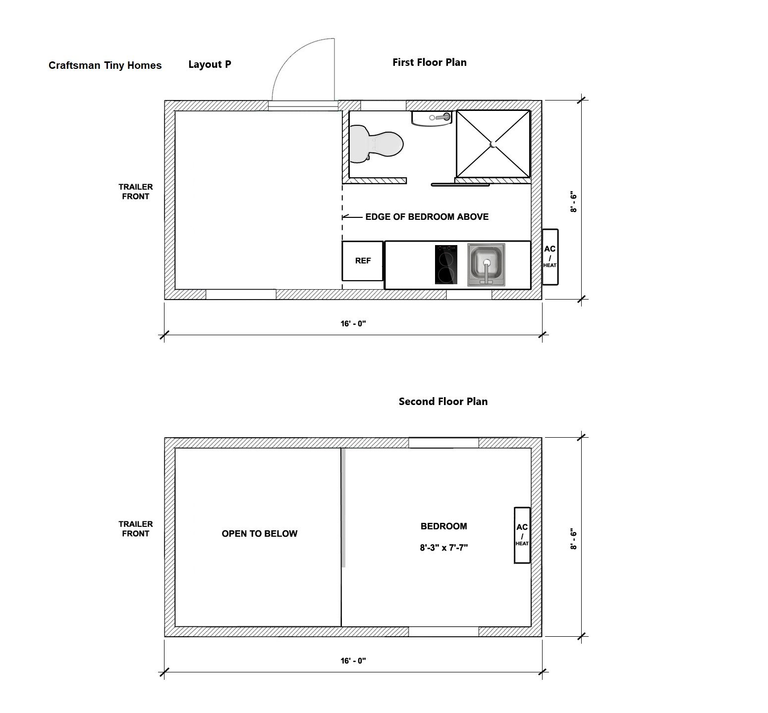 First and second floor plans of a tiny home, showing layout, dimensions, and room features including a kitchen, bathroom, bedroom, and open space.