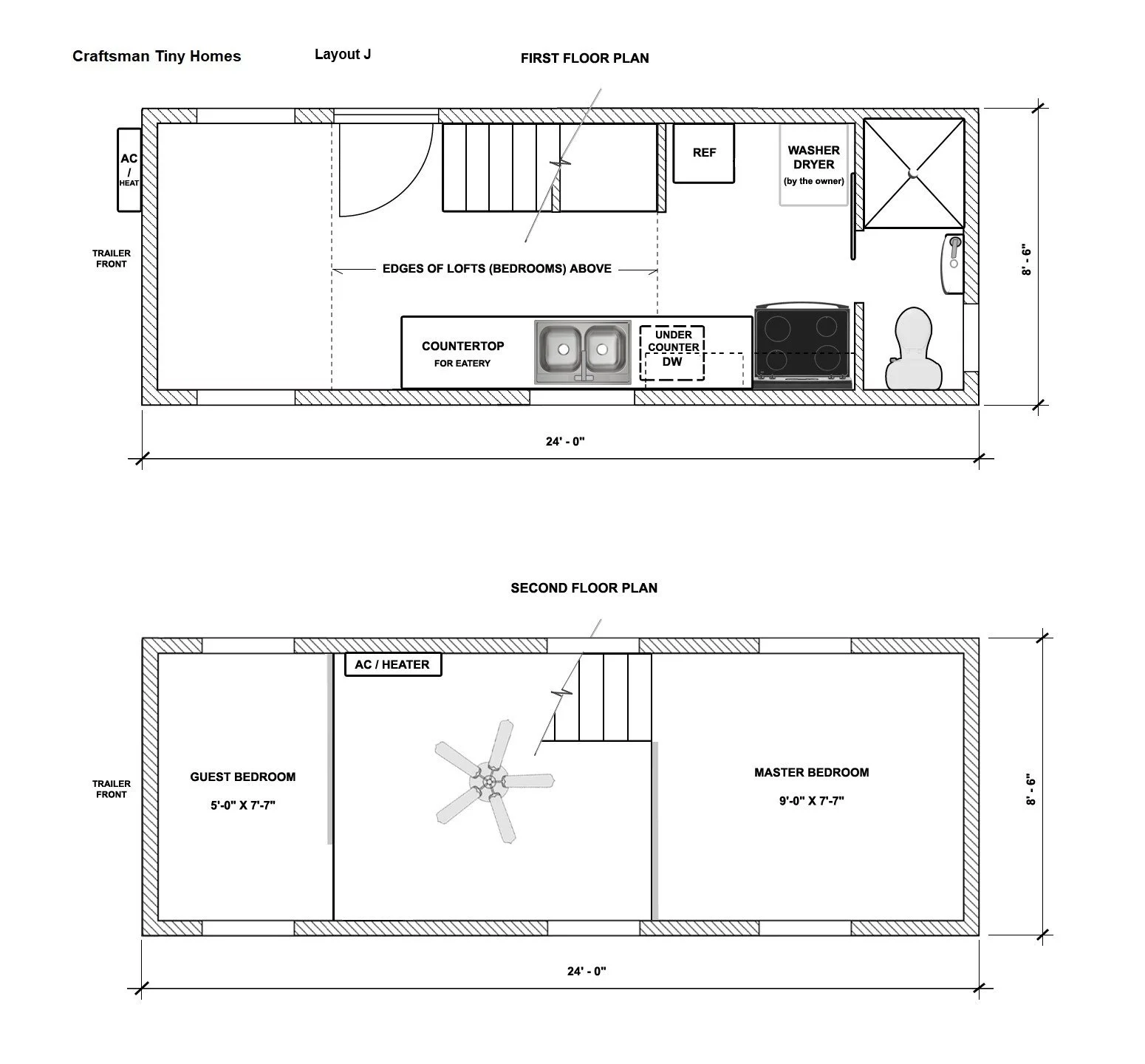 Floor plan diagram of a tiny home with two levels, showing the layout of the first and second floors, including kitchen, bathroom, bedrooms, and staircases.