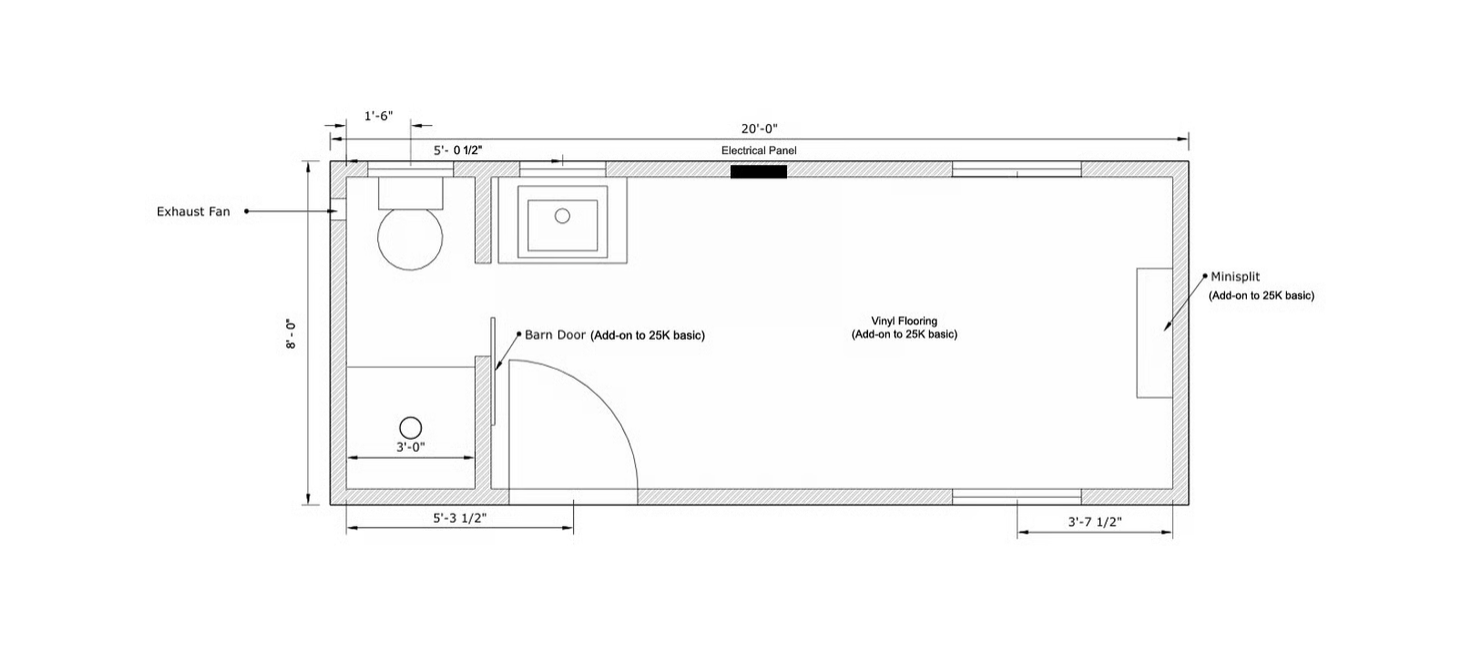 Floor plan of a small rectangular building with dimensions 20 feet by 8 feet, showing an exterior door, interior barn door, a small room with a circular vent or window, an exhaust fan, a sink, and vinyl flooring.