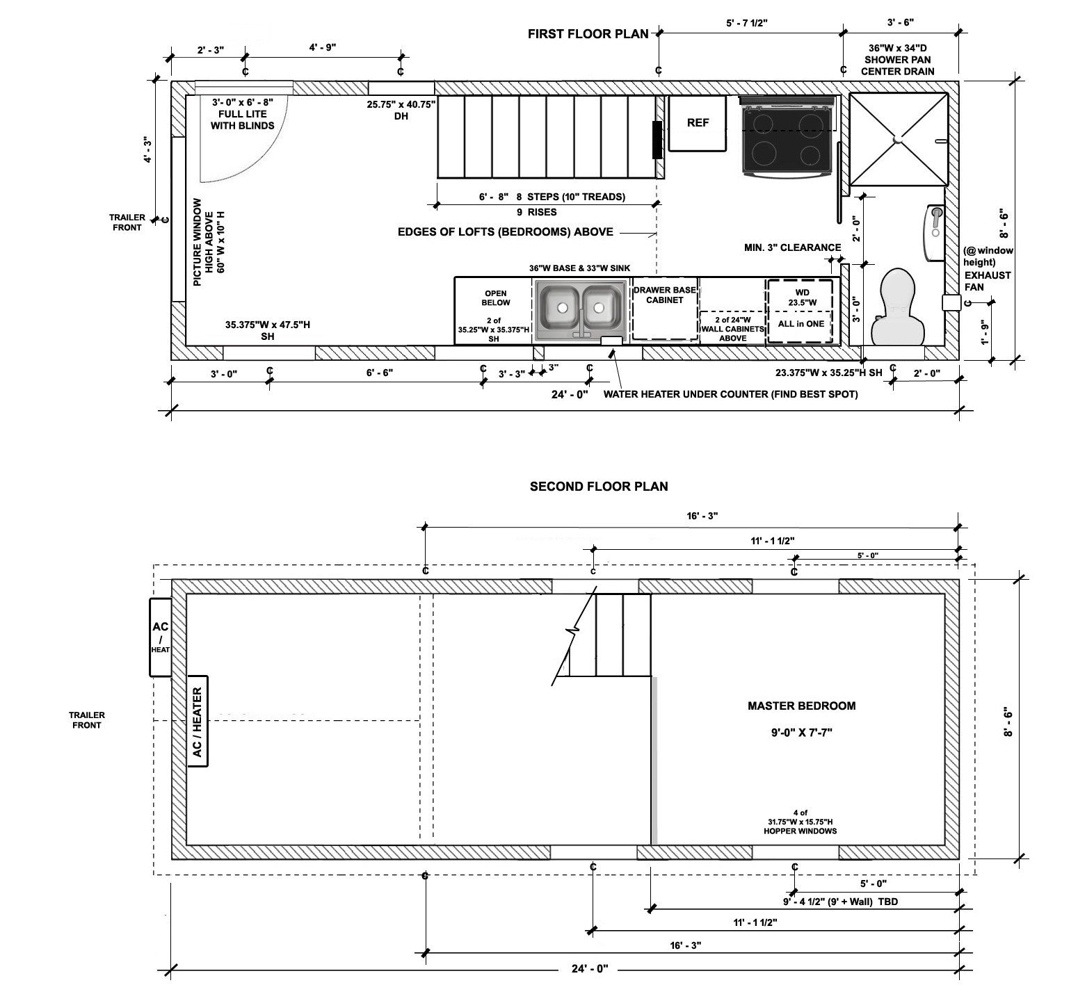 Architectural blueprint showing the first and second floor plans of a tiny home or small house. The first floor includes a bathroom, kitchen, and living area, while the second floor has a master bedroom and space for HVAC equipment.
