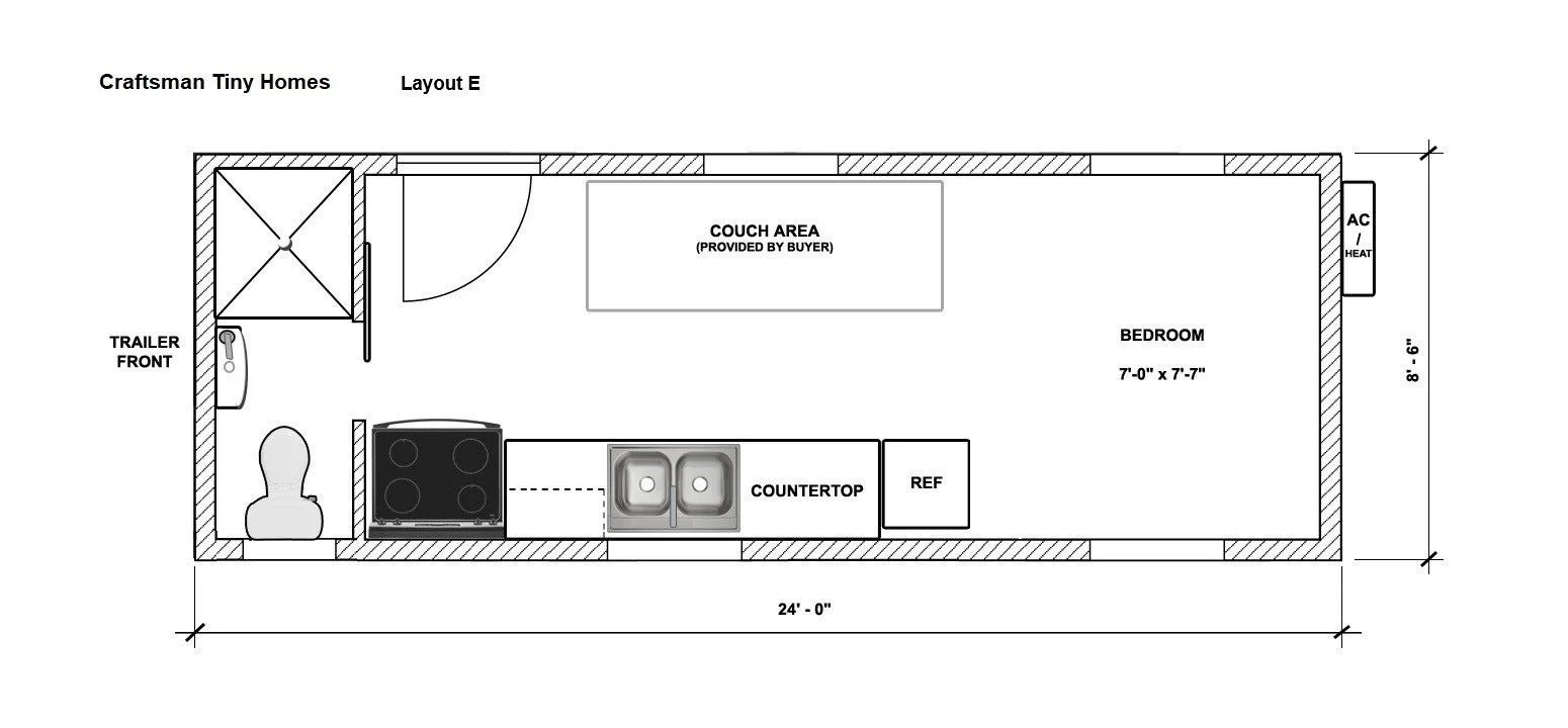 Floor plan of a tiny home layout with a bedroom, kitchen area, and bathroom. The layout includes a shower, toilet, stove, sink, refrigerator, and a couch area.