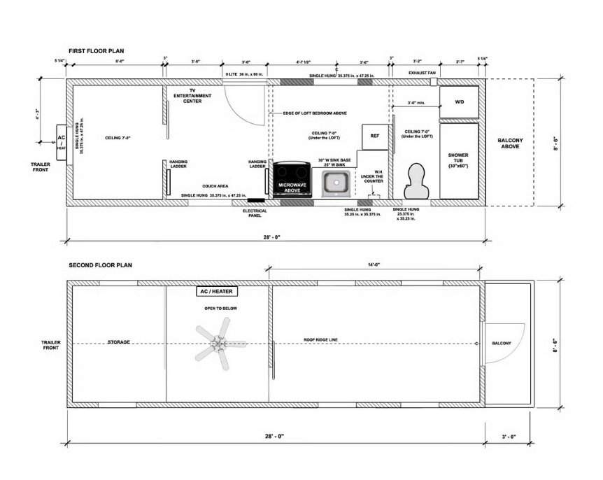First and second floor plans of a tiny home, detailing layout with kitchen, bathroom, bedroom, living area, and balcony.