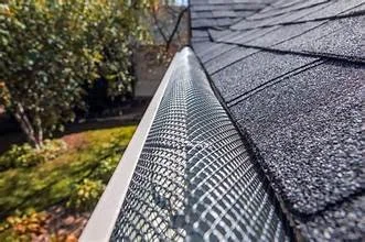 Close-up of a roof eve showcasing metal gutter guards and asphalt shingles.