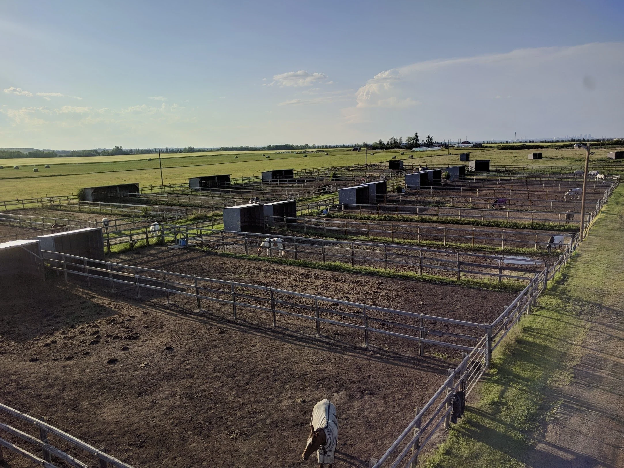 A view of a farm with several horse stalls enclosed by wooden fencing, some horses grazing, and hay bales in the distance under a blue sky with a few clouds.
