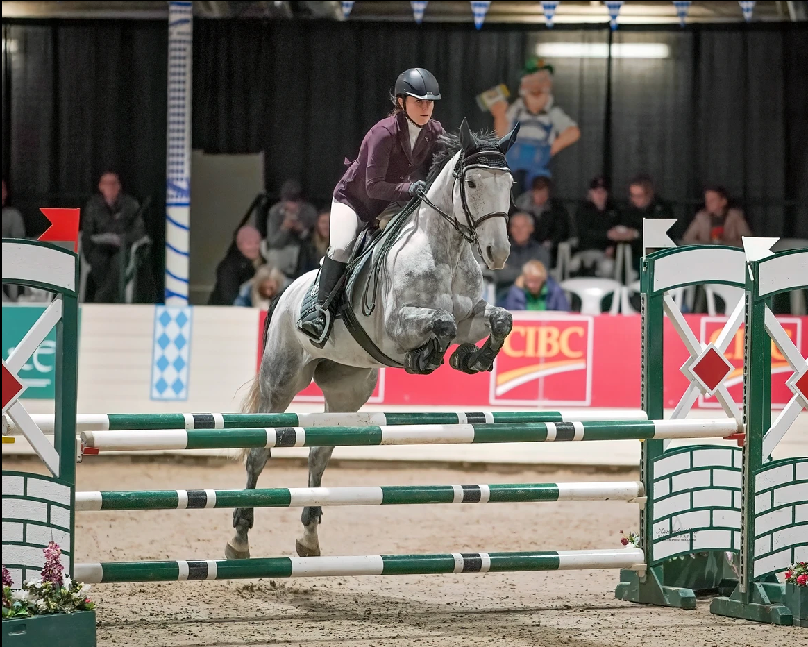 A female rider on a gray horse jumping over an obstacle in an indoor equestrian show.