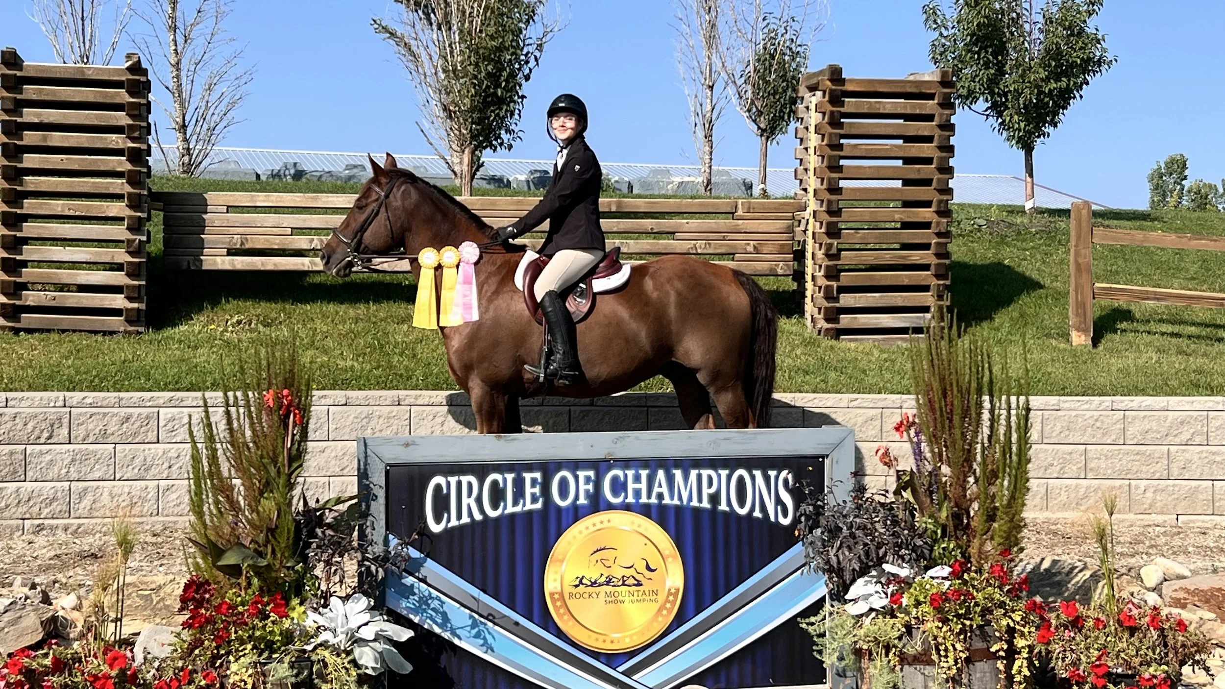 A person riding a horse at an equestrian competition with ribbons, standing behind a sign that reads 'Circle of Champions.' The scene includes a grassy area, wooden fencing, trees, and a clear blue sky.
