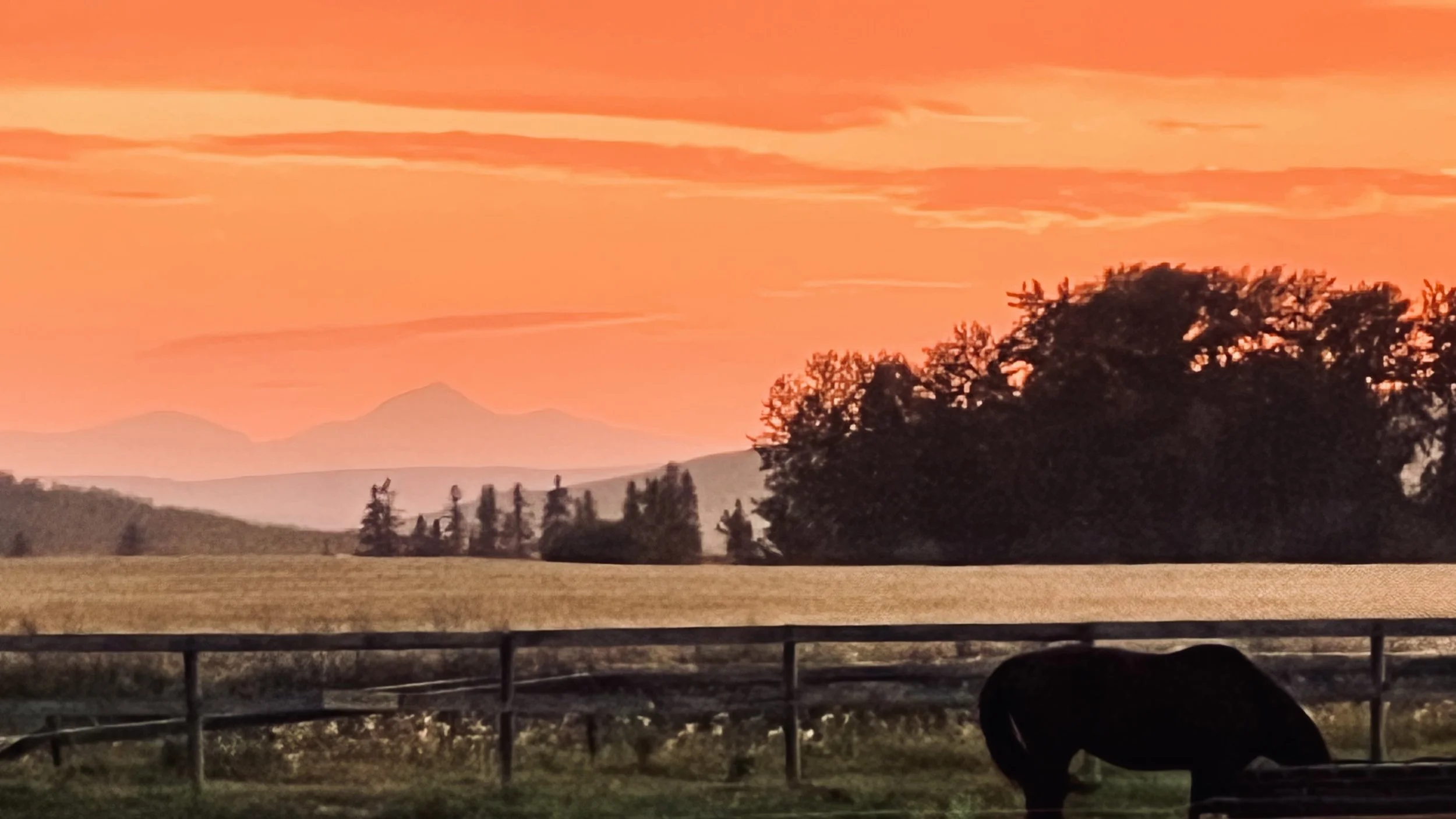 Sunset over a landscape with trees, rolling hills, and distant mountains, with a wooden fence in the foreground.