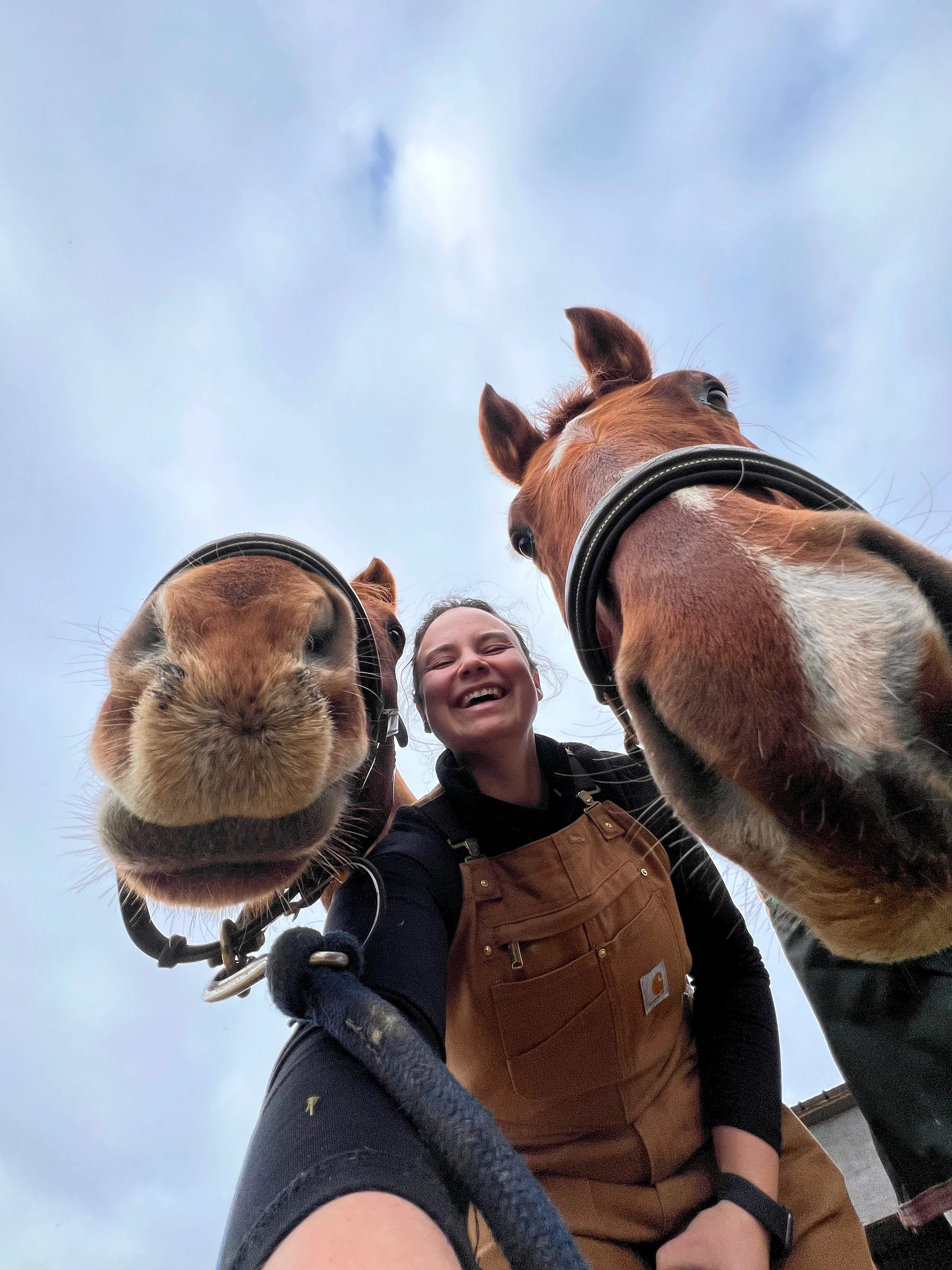 A person smiling taking a selfie from below with three horses with brown coats and white markings on the face, looking down at the camera, against a cloudy sky.