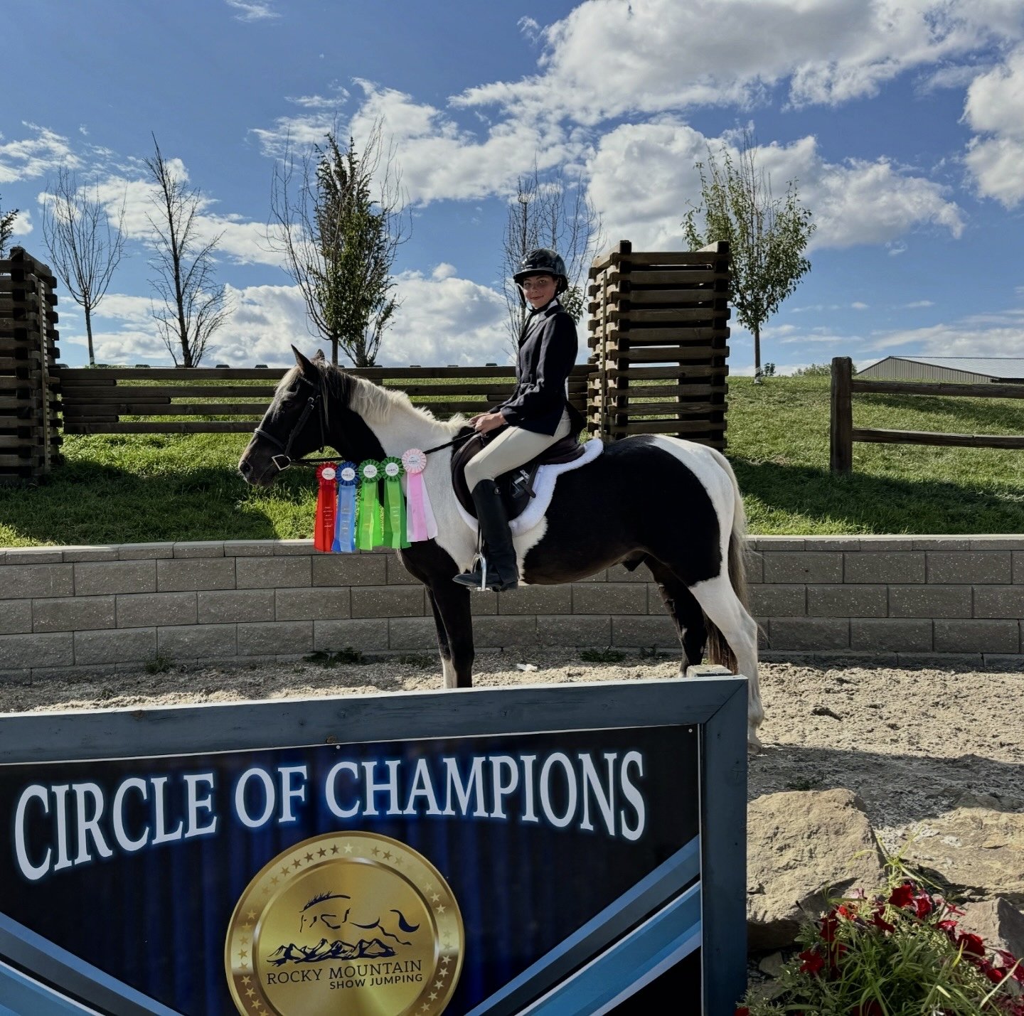 A young female rider on a black and white horse with award ribbons around its neck at the Rocky Mountain Show Jumping competition, with a blue sky, green grass, and trees in the background.