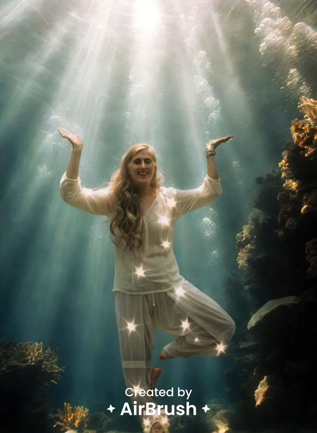 A woman underwater near coral with sunlight streaming down from above.