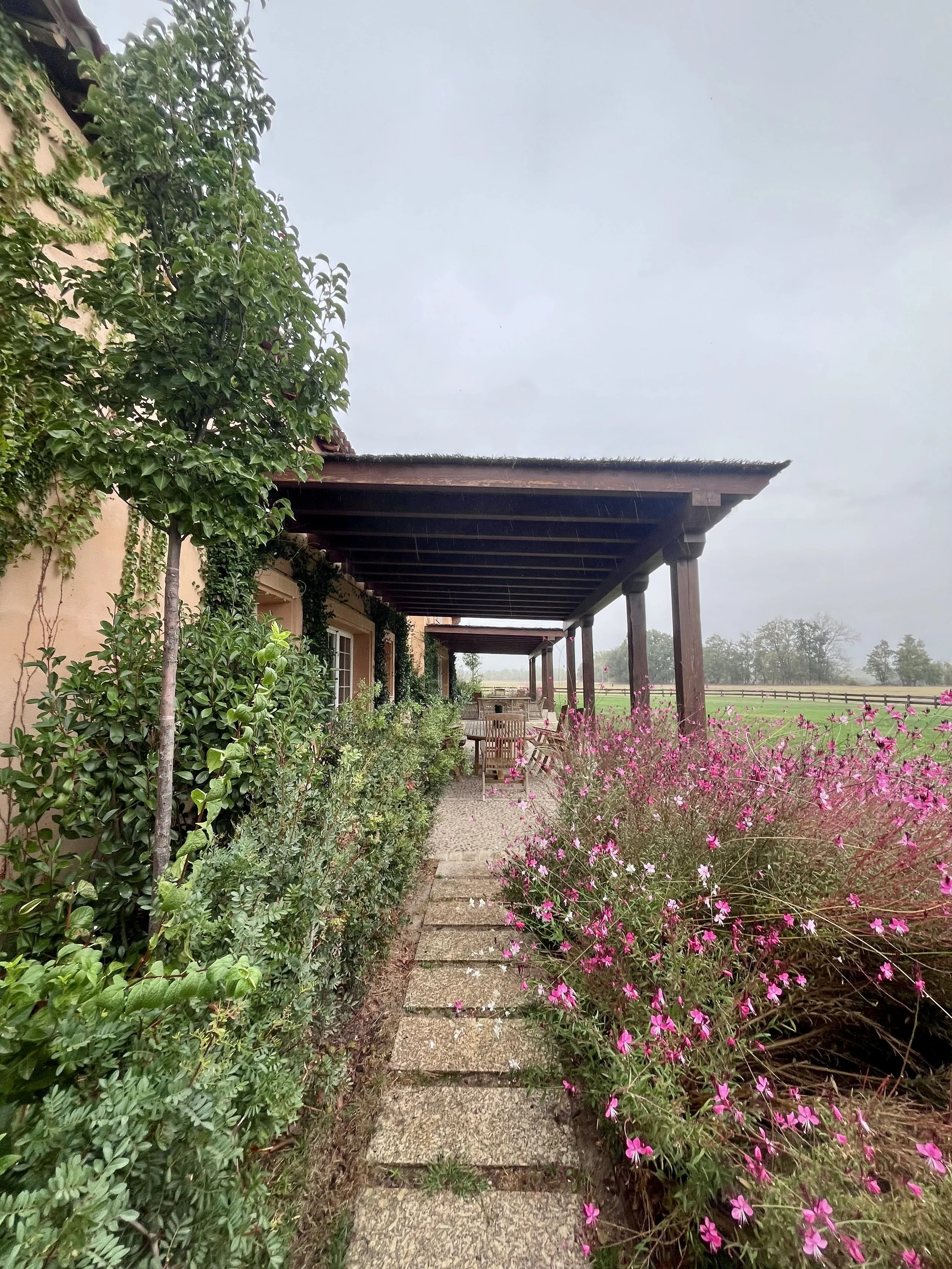 Camino de piedra junto a un jardín con flores rosadas, a la izquierda hay arbustos y una casa con jardín y porche cubierto, al fondo campo abierto y árboles.