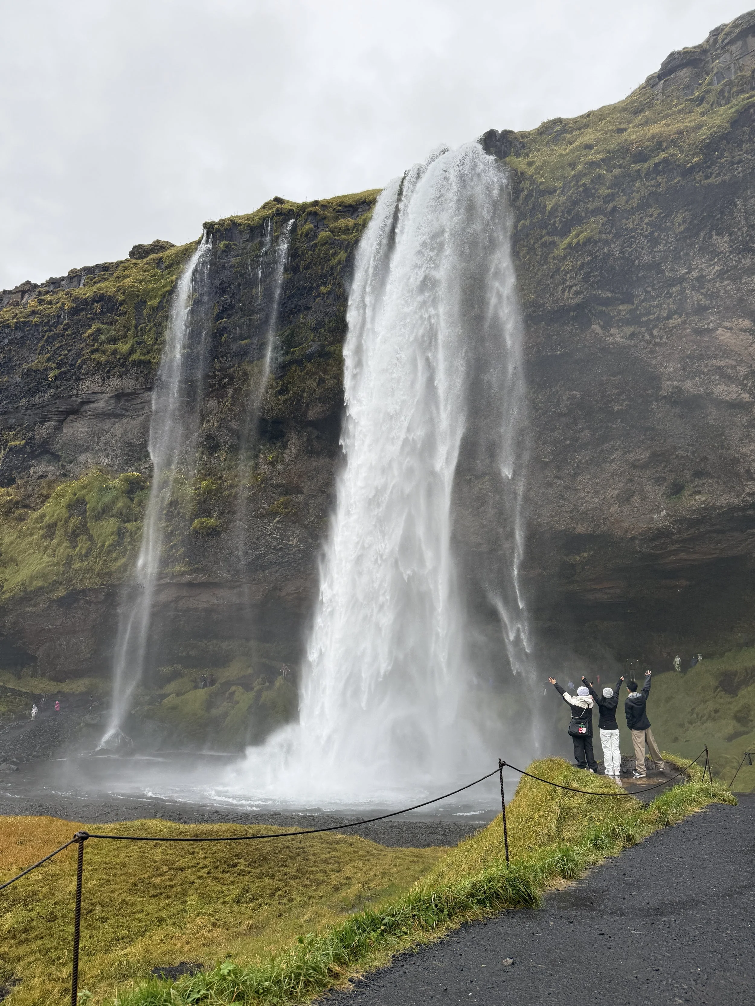 Three people standing on a grassy viewing area with their arms raised, facing a large waterfall cascading down a moss-covered cliff in Iceland.