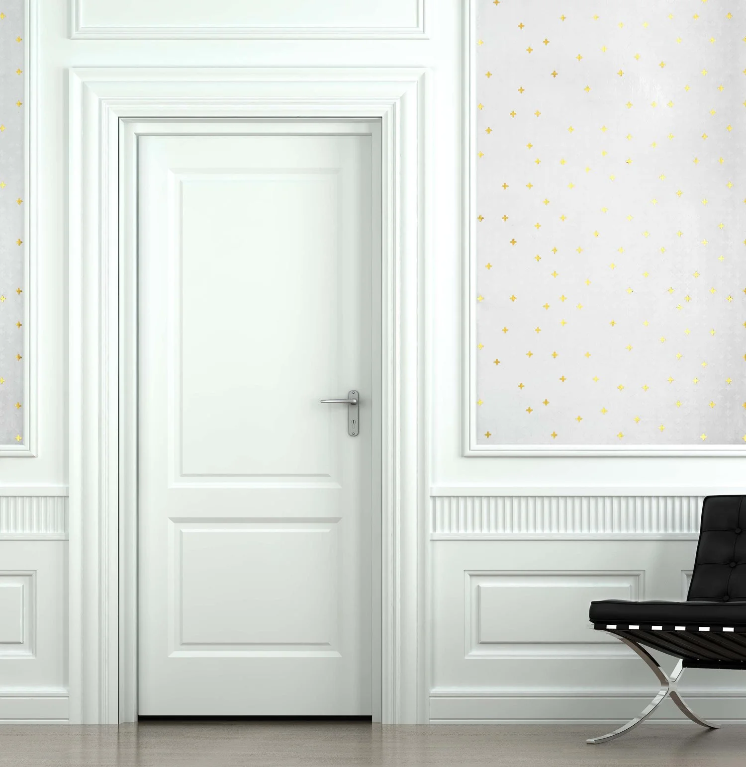  Gothic Leaf Salt Gold  • SKU 15-0310 • A clear unblemished sky of tiny stars gently reflecting light in this irregular grid of dimensional plaster crosses and hand-applied metal leaf.