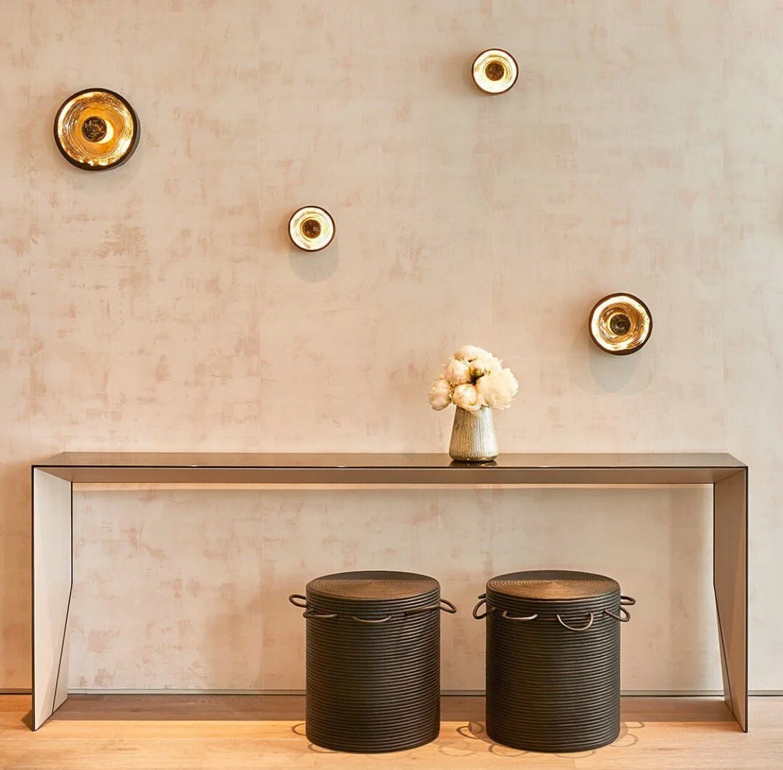  Oya Blush Pearl  • SKU 15-0237 • Hand-dyed paper troweled with plaster and flash-gilded with mica distressed this paper as it will dress a wall with gestural movement and an elegant play of light.