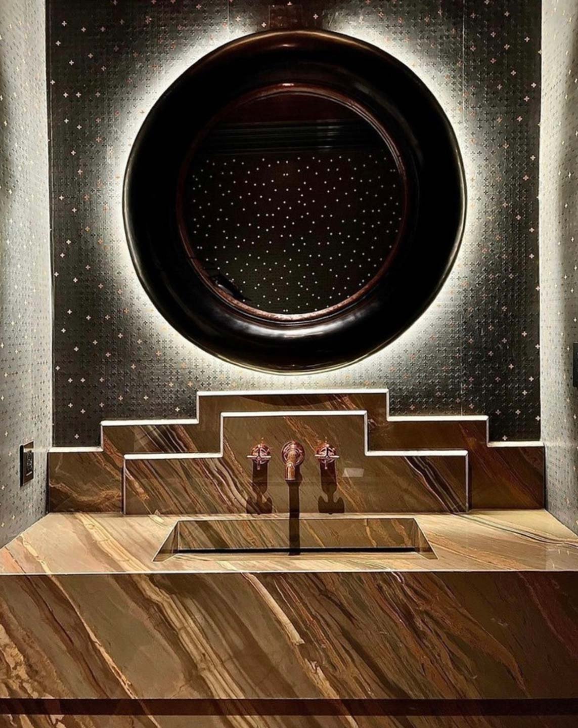  Gothic Leaf Charcoal Copper  • SKU 14-0189 • A clear unblemished sky of tiny stars gently reflecting light in this irregular grid of dimensional plaster crosses and hand-applied metal leaf.