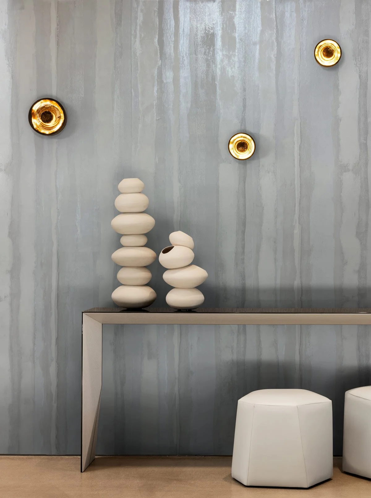  Nebula Vapor  • SKU 19-1063 • Nebula has gently undulating stripes and soft tonal palette evoke a tranquil skyscape, with subtle matte and shimmer finishes creating a quiet, luminous rhythm.