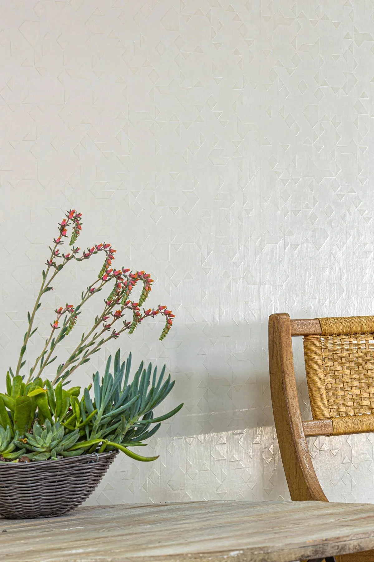  Crease Light Putty  • SKU 15-0284 • This deconstructed geometric pattern in hand bladed dimensional marble plaster is highlighted by beeswax finish.