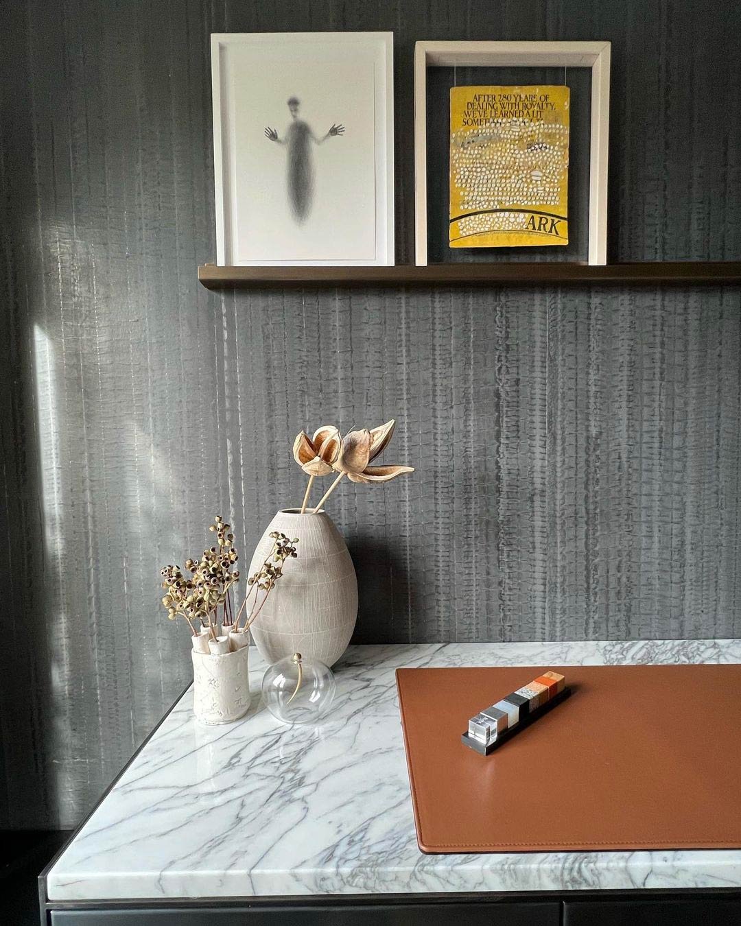  Arashi Charcoal Pewter  • SKU 15-0291 • Alternating passes of troweled and bladed marble plaster create this delicate and organic vertical stripe. The subtle variation in color and honed sheen reflect the beauty of the material.