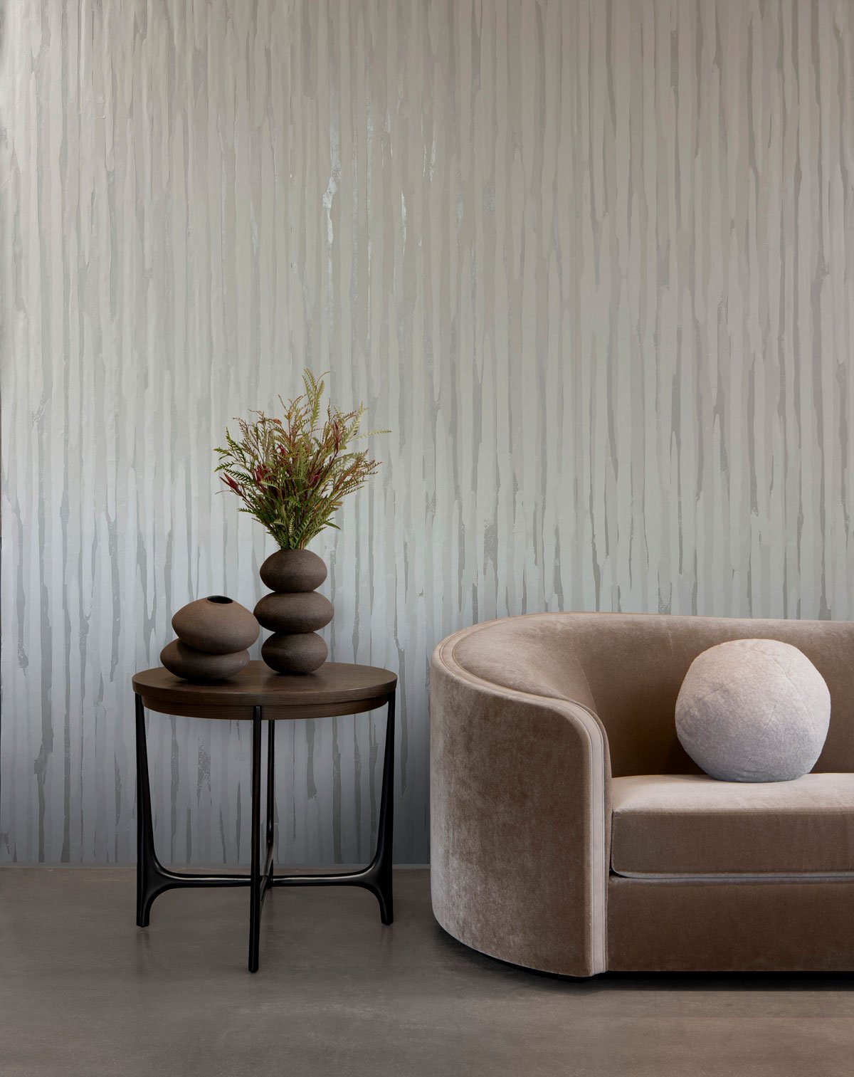  Vela Mink  • SKU 19-1072 • Vela features organic, matte linear forms flowing across a shimmering ground, offering seamless elegance and understated depth whether hung vertically or horizontally.