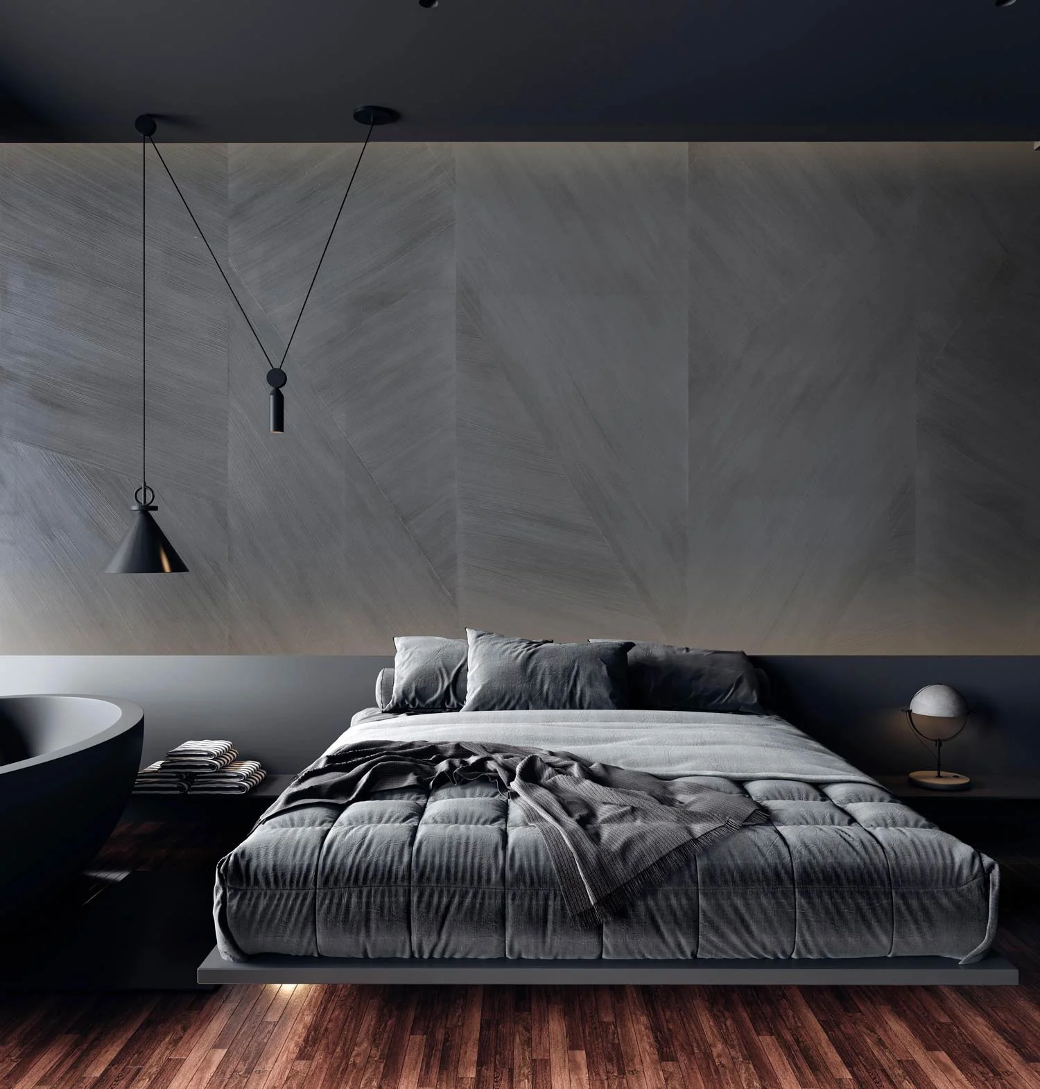  Stax Charcoal  • SKU 19-0750 • This dramatic, paneled, geometric stripe is inspired by straw marquetry. Confident broad strokes of marble plaster, faceted together to create a movement, depth and texture rarely seen on the wall.