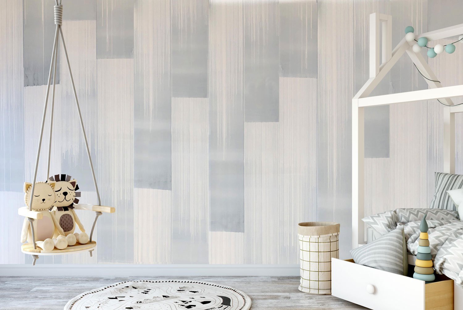  Decca Lake  • SKU 19-0752 • The alchemy of ink, mica and metal powders are revealed through bold shimmering, vertical brush strokes on a base of soft matte marble plaster. 