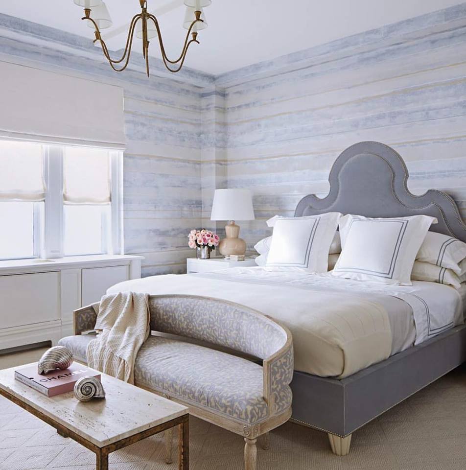  Lamina Periwinkle Champagne  • SKU 11-0088 • Layers upon layers of marble and mica plasters create this stratified continuous linear pattern. Finished with jewel-like lines this paper can create a horizontal pattern that wraps around the environment