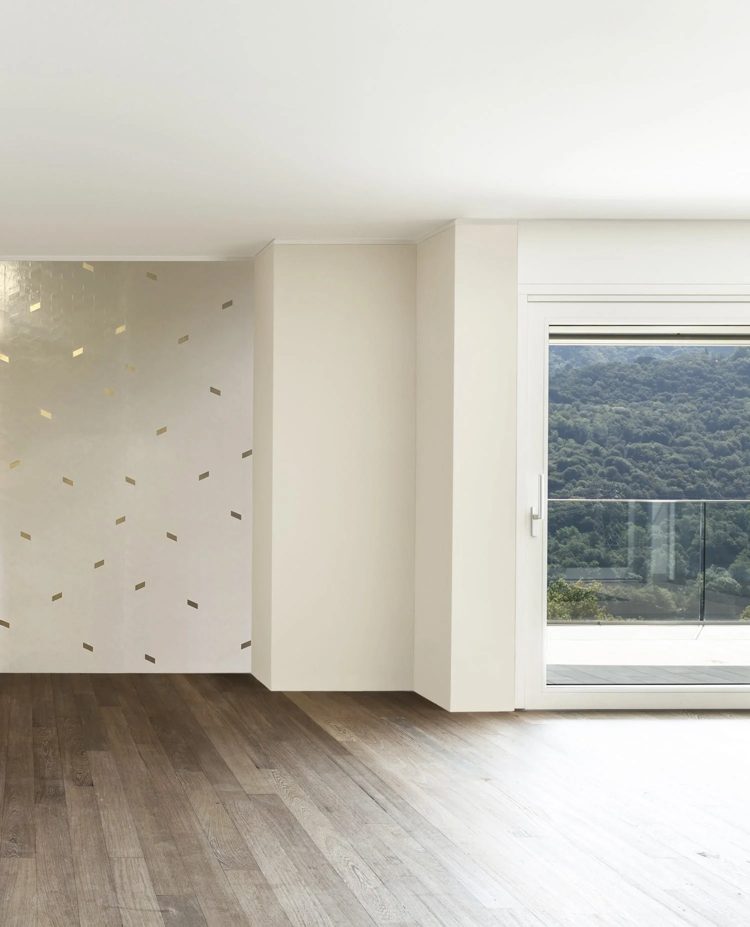  Chevron Leaf Mink 22K Moon Gold  • SKU 19-0661 • This deconstructed herringbone in dimensional plaster quietly stands off the wall with its geometry and glints of hand-leafed moments of real 22K moon gold.