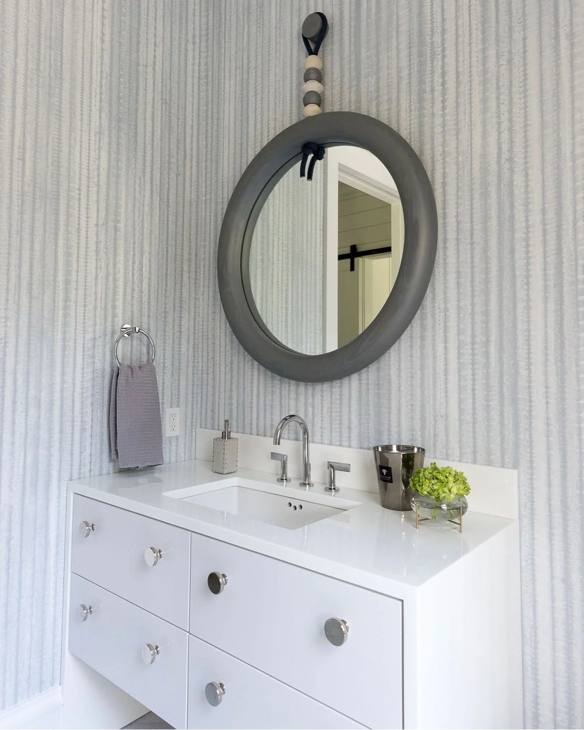  Arashi Periwinkle Salt  • SKU 15-0203 • Alternating passes of troweled and bladed marble plaster create this delicate and organic vertical stripe. The subtle variation in color and honed sheen reflect the beauty of the material.