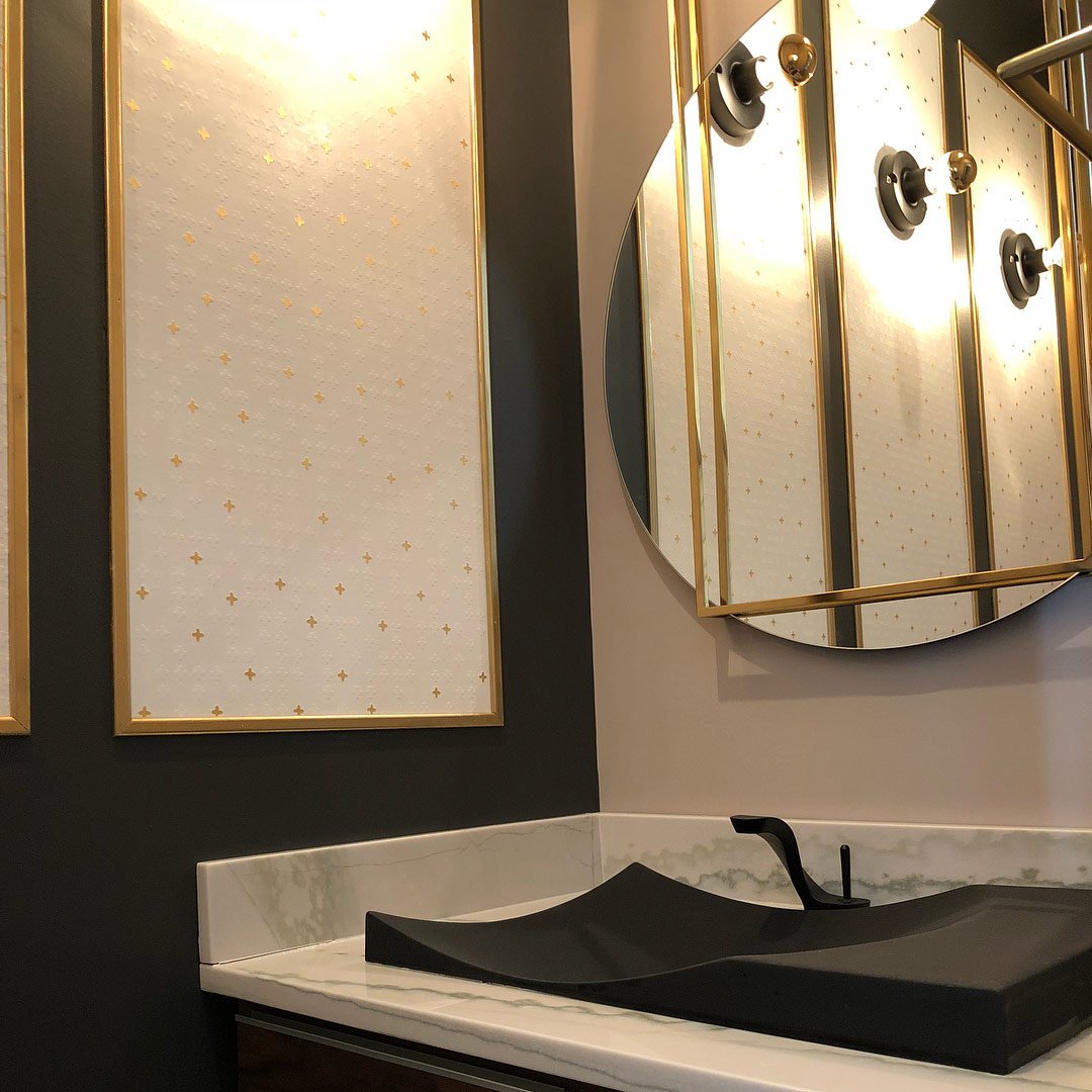  Gothic Leaf Salt Gold  • SKU 15-0310 • A clear unblemished sky of tiny stars gently reflecting light in this irregular grid of dimensional plaster crosses and hand-applied metal leaf.