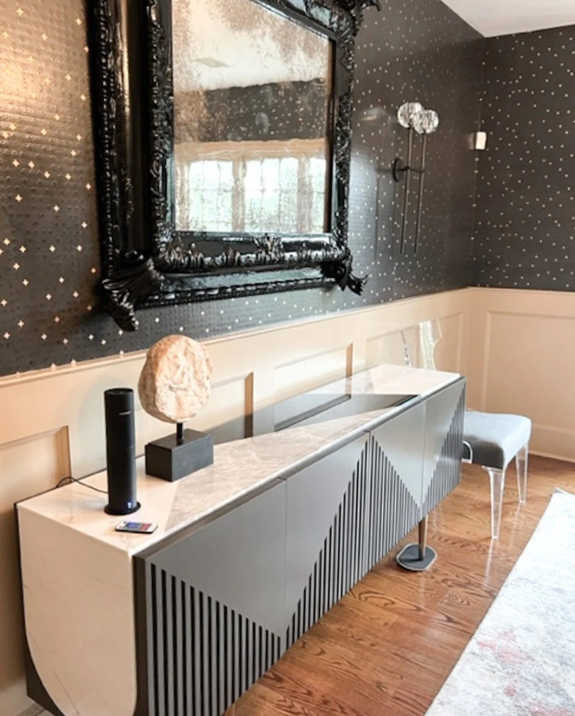  Gothic Leaf Charcoal Copper  • SKU 14-0189 • A clear unblemished sky of tiny stars gently reflecting light in this irregular grid of dimensional plaster crosses and hand-applied metal leaf.