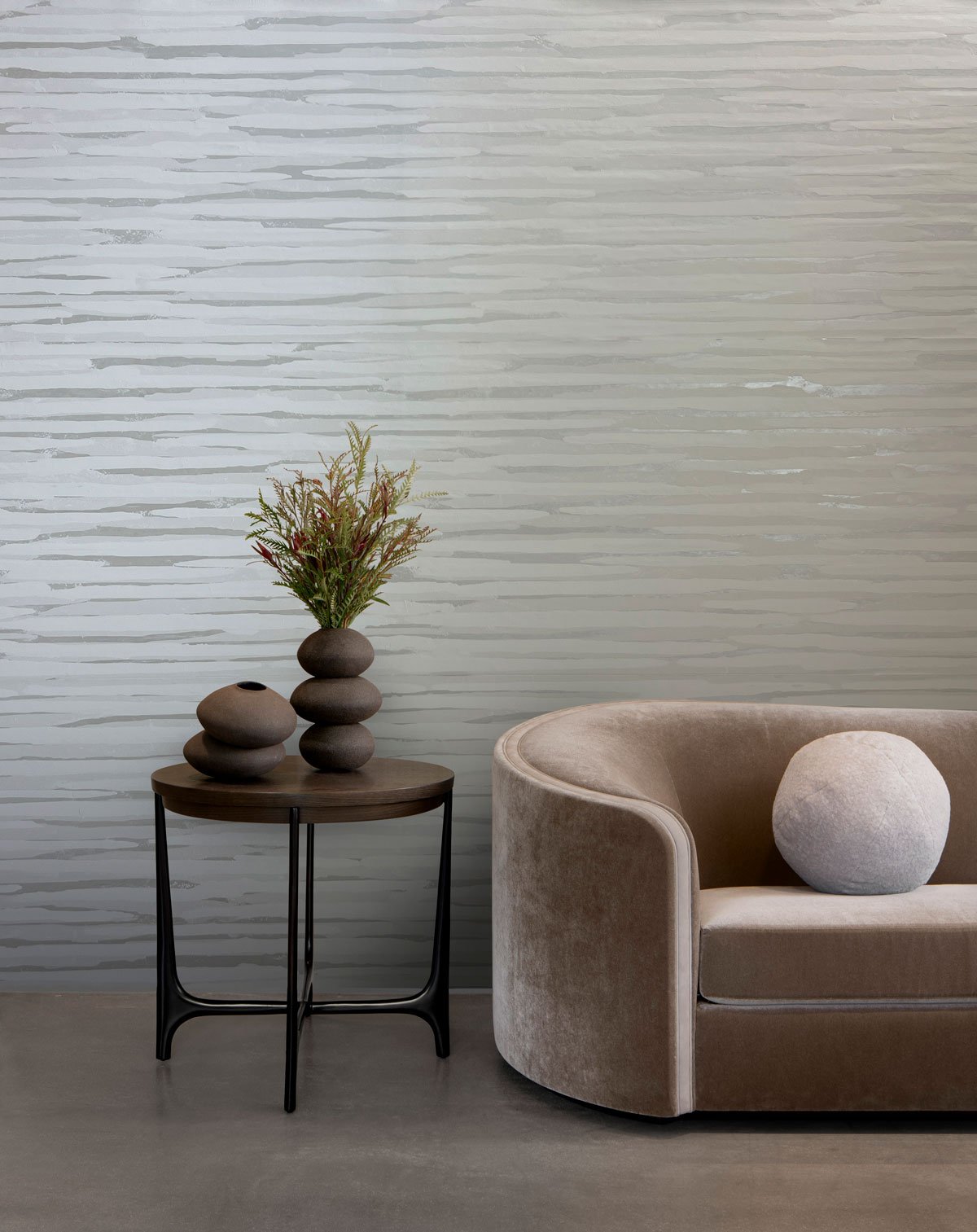  Vela Mink  • SKU 19-1072 • Vela features organic, matte linear forms flowing across a shimmering ground, offering seamless elegance and understated depth whether hung vertically or horizontally.